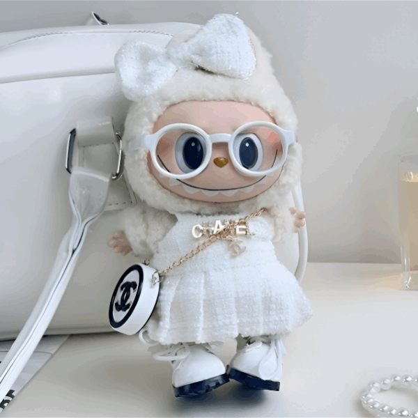 007-Doll Clothes C Style White Bow + Dress + Bag + Glasses + Shoes