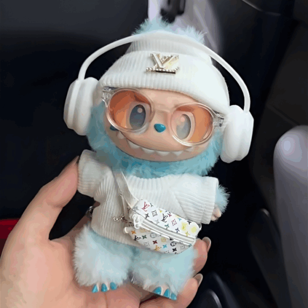 031 - Doll Clothes Outfits L Style White Hat + Sweater + Glasses + headphones + Bum Bag