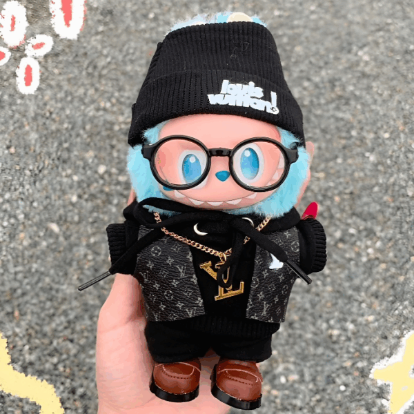 046 - Doll Clothes Outfits L Style Black Hat + Vest + Hoodie + Pants + Necklace + Glasses + Shoes